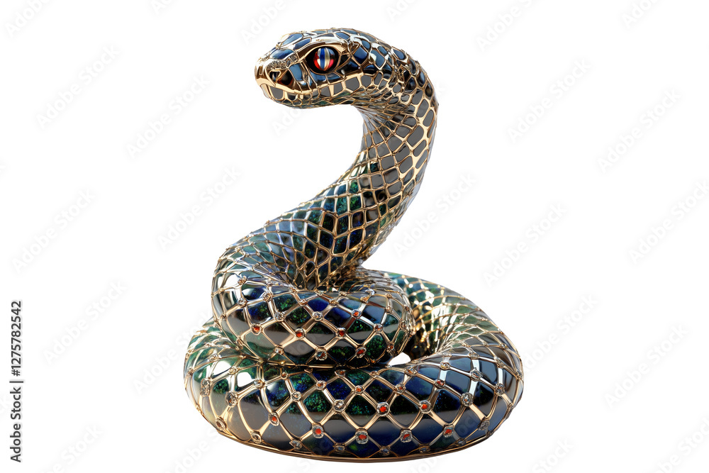 Fototapeta premium Elegant emerald snake sculpture with mosaic patterns and blue gemstones isolated on white transparent background, reptiles or wildlife, symbolizing Chinese Lunar New year