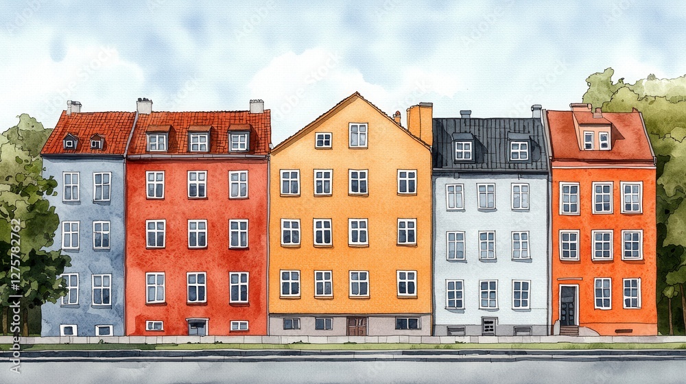 Naklejka premium Colorful Urban Landscape with Charming Houses in Watercolor Style