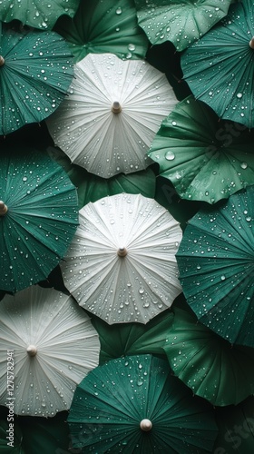 Wallpaper Mural Abstract arrangement of green and white umbrellas with water droplets creating a fresh and modern pattern Torontodigital.ca