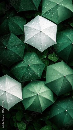 Wallpaper Mural Abstract arrangement of green and white umbrellas with water droplets creating a fresh and modern pattern Torontodigital.ca