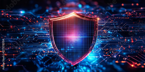 technology featuring network security grids and holographic warning icons, cyber defense theme