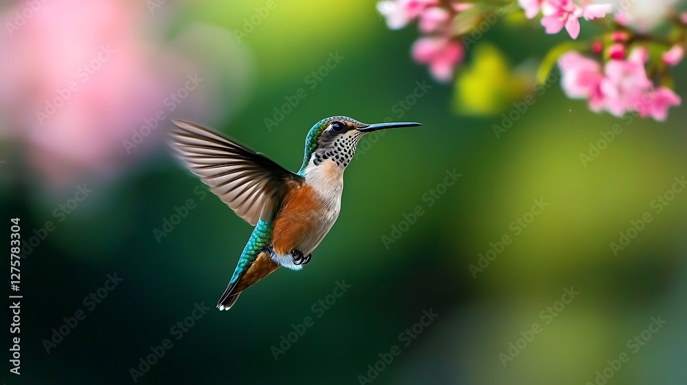 Fototapeta premium Hummingbird in Flight Near Pink Flowers