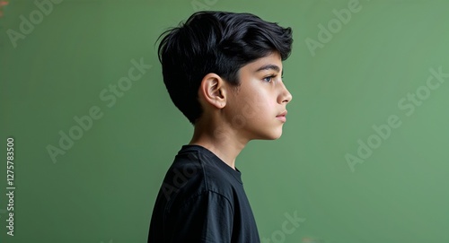 Hispanic boy in plain green background wearing a black t shirt young teen side view portrait
