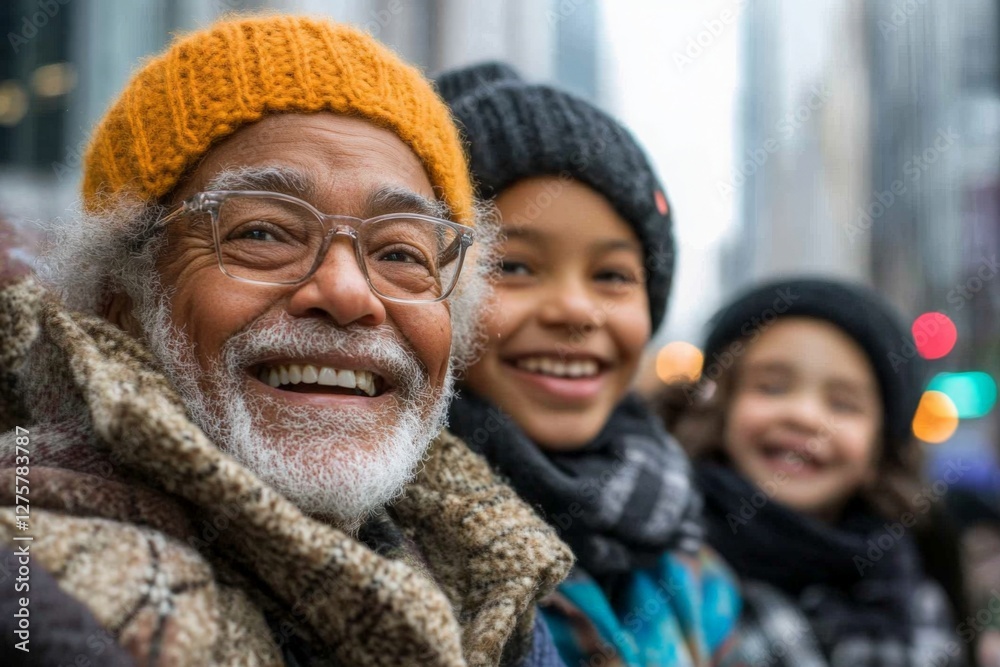 Smiling grandfather and children enjoy a winter day in the city with cozy hats and warm clothes Smiling grandfather and children enjoy a winter day in the city with cozy hats and warm clothes