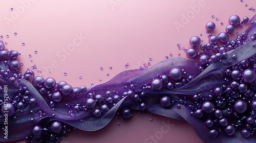 Flowing Purple Ribbons and Glossy Pearls on Soft Pink Background