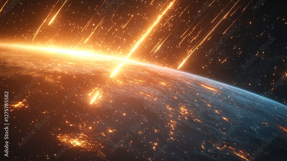 Obraz premium Fiery Meteor Shower Over Earth Night Cityscape Wallpaper