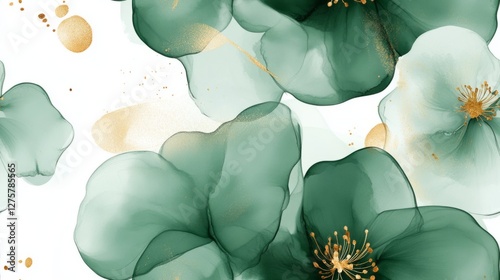 Seamless pattern with green fluid art with gold accents on a white background. Elegant and luxurious artistic composition with flowing organic shapes
