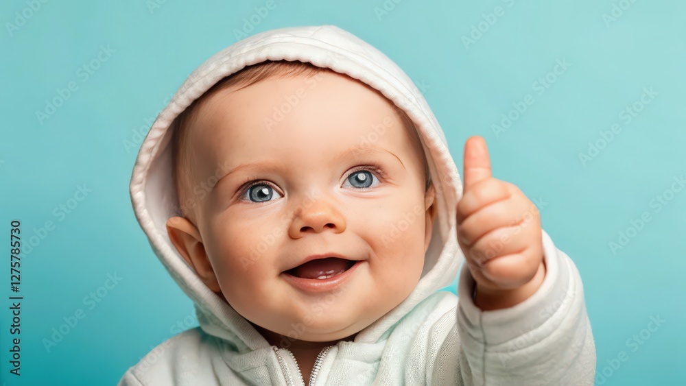 a happy baby showing a thumbs-up with a delighted expression. The baby is wearing a hooded sweater against a vibrant background a happy baby showing a thumbs-up with a delighted expression. The baby is wearing a hooded sweater against a vibrant background