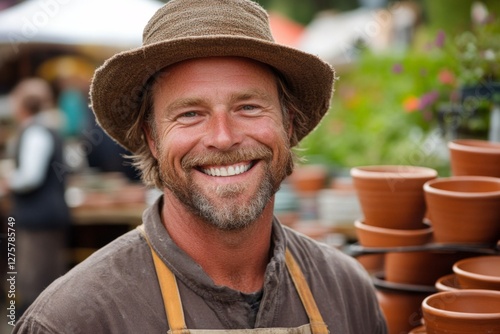 Smiling gardener at a vibrant farmers market showcasing his handmade pottery and plants in a sunny outdoor setting