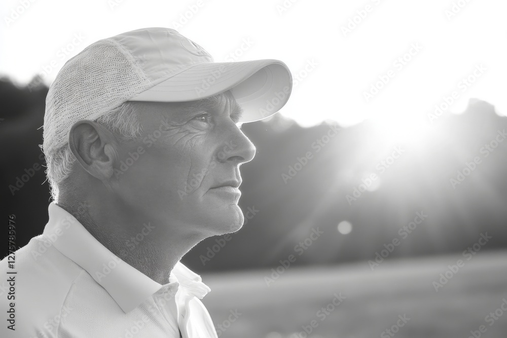 Older man in white cap gazes thoughtfully at sunset in serene outdoor setting Older man in white cap gazes thoughtfully at sunset in serene outdoor setting