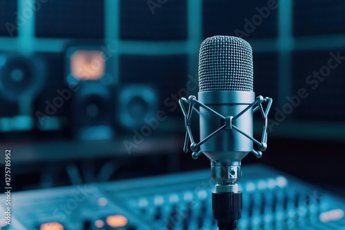 A sleek professional microphone stands prominently in a modern radio station studio, illuminated by soft lighting, with soundproof walls and mixing equipment in the background