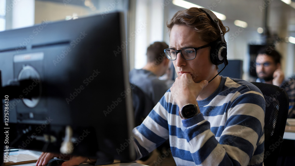 Focused worker wearing headphones on computer in busy office Focused worker wearing headphones on computer in busy office