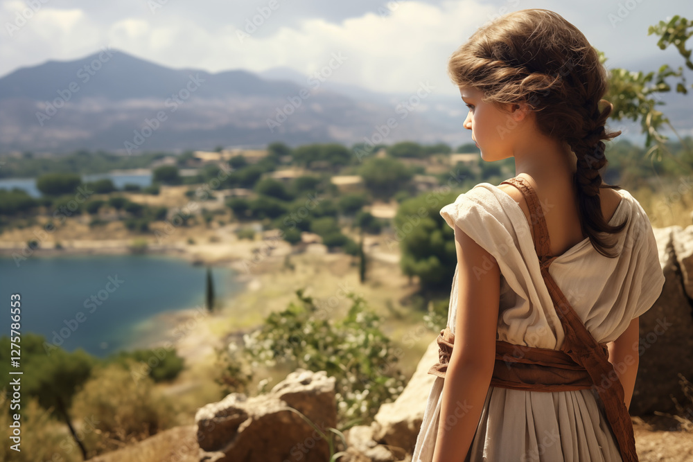 Young Girl in Ancient Greece: Wearing Traditional Toga, Representing the Culture, Education, and Mythological Influence of Greek Society, Surrounded by Classic Architecture and Timeless Heritage. Young Girl in Ancient Greece: Wearing Traditional Toga, Representing the Culture, Education, and Mythological Influence of Greek Society, Surrounded by Classic Architecture and Timeless Heritage.