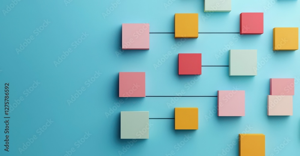 Successful project management timeline concept. Colorful geometric blocks connected by lines on a blue background.