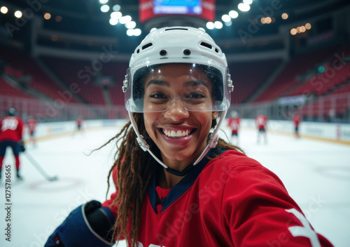 Smiling hockey player in red jersey poses on the ice rink during practice