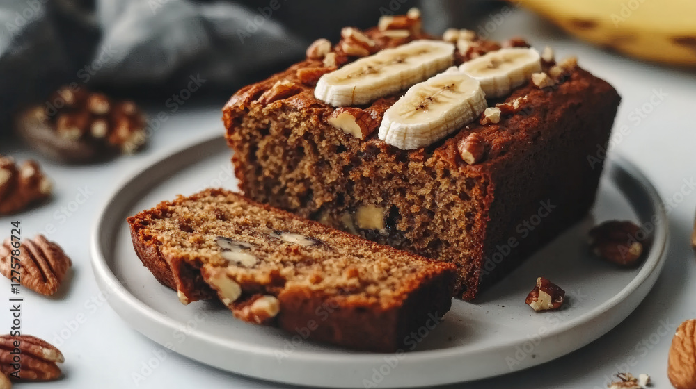 Delicious gluten free banana bread with sliced bananas and nuts, perfect for healthy snack or breakfast. moist texture and rich flavor make it irresistible Delicious gluten free banana bread with sliced bananas and nuts, perfect for healthy snack or breakfast. moist texture and rich flavor make it irresistible