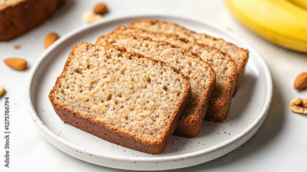 Freshly sliced gluten free banana bread on plate, surrounded by nuts, evokes warm and inviting atmosphere. Perfect for healthy snack or breakfast option Freshly sliced gluten free banana bread on plate, surrounded by nuts, evokes warm and inviting atmosphere. Perfect for healthy snack or breakfast option