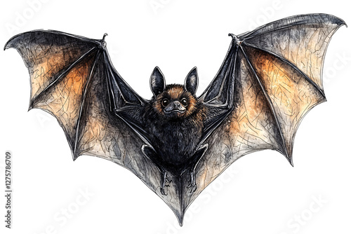 An intricately illustrated bat showcasing its detailed wings and expressive face. Ideal for nature-related projects, Halloween themes, or educational resources. photo