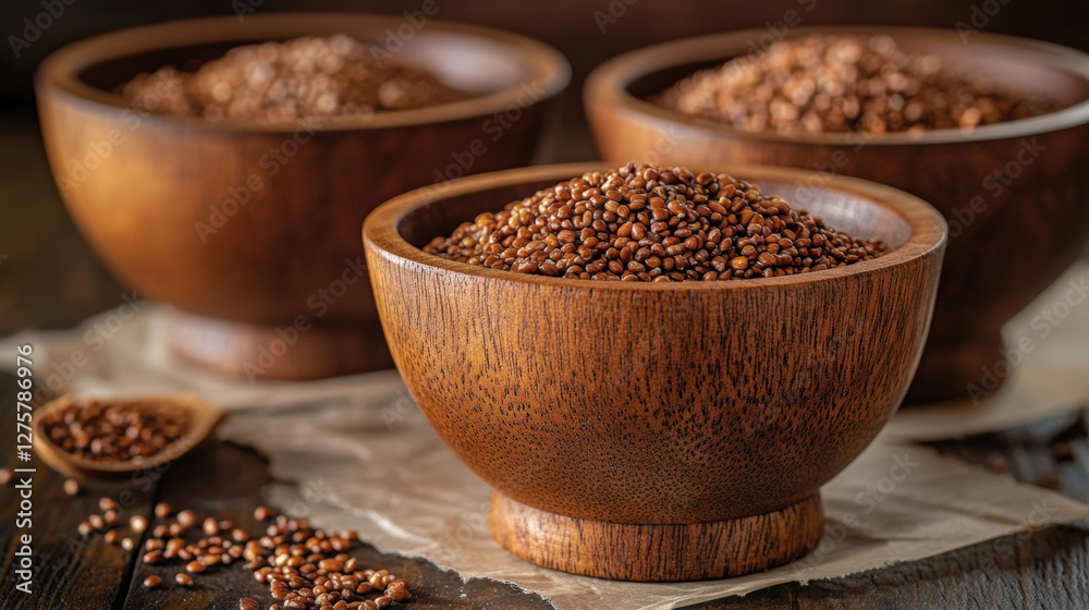 Close up of wooden bowls filled with organic seeds, showcasing natural textures and earthy tones. Perfect for healthy eating and culinary presentations Close up of wooden bowls filled with organic seeds, showcasing natural textures and earthy tones. Perfect for healthy eating and culinary presentations