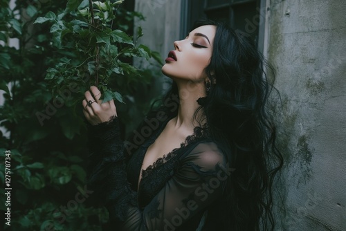 Portrait of a woman with long black hair in a lush, overgrown garden embracing greenery in soft evening light photo