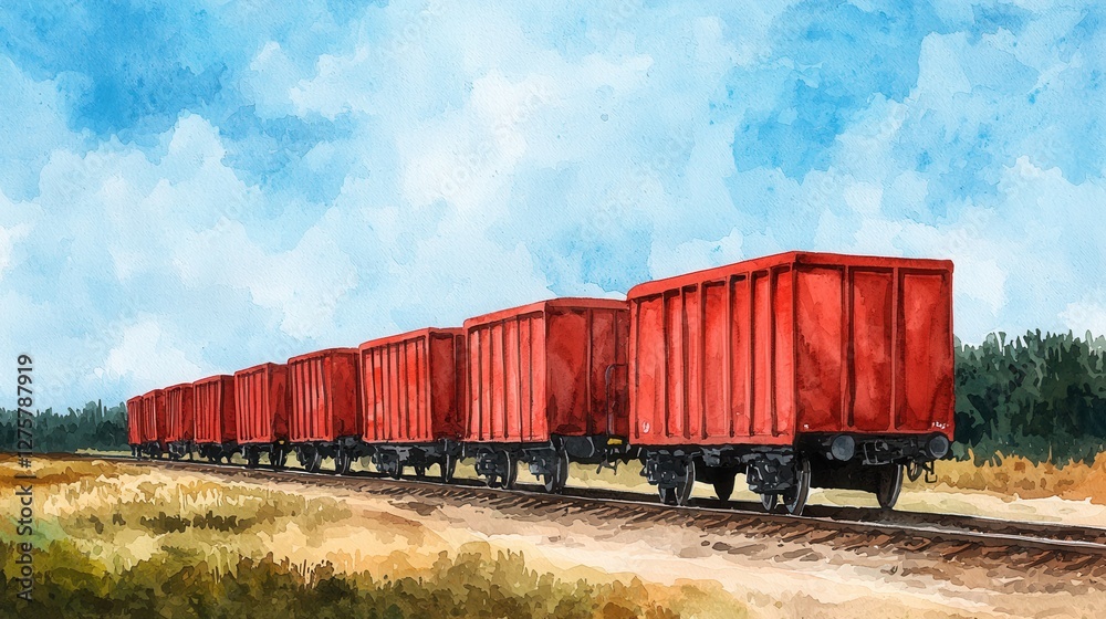 Red Freight Train Cars on Railroad Tracks Under Blue Sky Red Freight Train Cars on Railroad Tracks Under Blue Sky