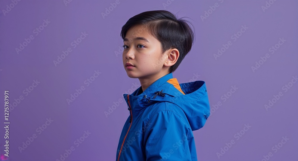 Kid Asian boy in plain purple background blue jacket side view portrait Kid Asian boy in plain purple background blue jacket side view portrait