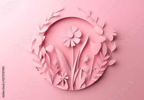 Circular Pink Paper Flowers and Leaves on Pale Pink Background

