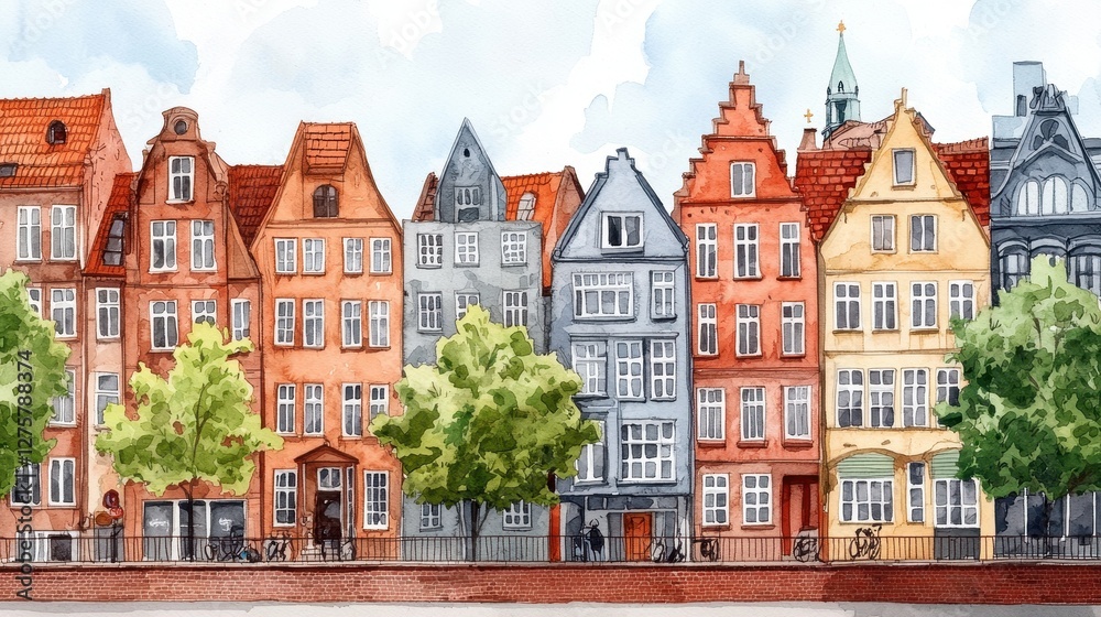 Fototapeta premium Colorful Row of Historic Houses with Trees by Watercolor Artist