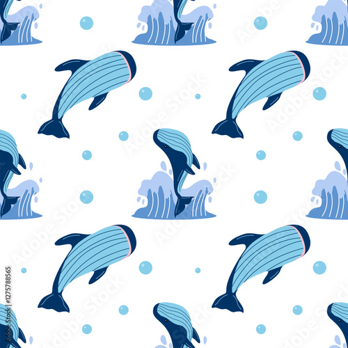 A dynamic seamless pattern showing whales breaching the ocean’s surface. This energetic design is ideal for ocean-inspired fabrics, wallpapers, and more.