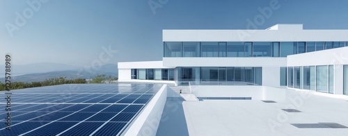 Modern White Building with Solar Panels Rooftop Sustainable Eco Friendly Design