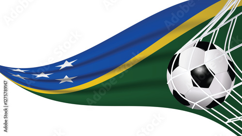 Soccer football ball in goal net with Solomon Islands wavy flag، Sports accessory equipment and waving flag illustration vector