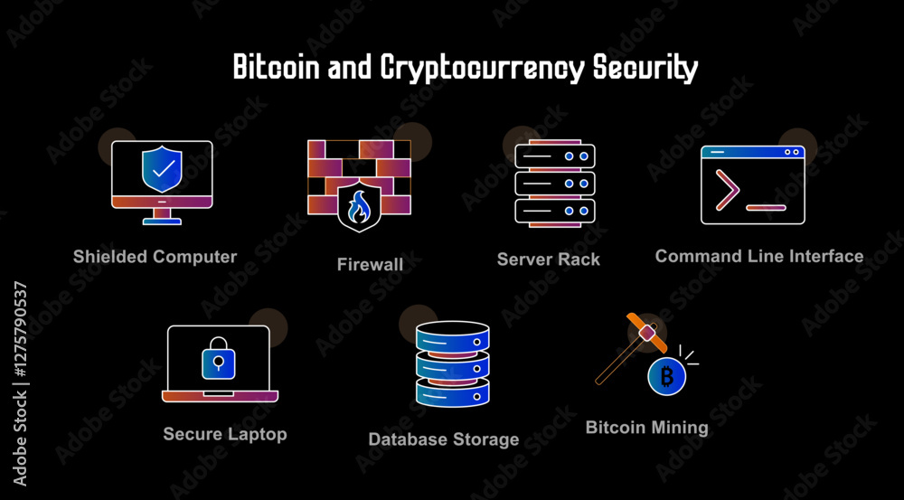 Naklejka premium Bitcoin and Cryptocurrency Security with Bitcoin Mining, Secure Laptop, and Firewall Protection Darker Background Version with Editable Stroke and Colors.