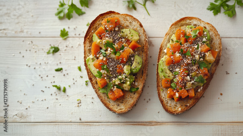 Wallpaper Mural Healthy avocado toasts on whole grain bread topped with diced vegetables and seeds, perfect for nutritious breakfast or snack Torontodigital.ca