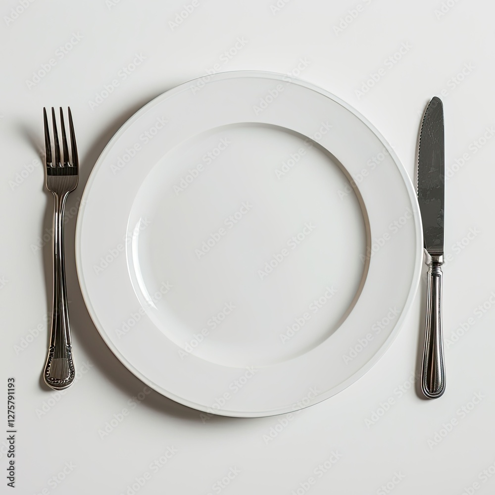 A simple white plate with a fork and knife placed beside it, ready for a meal. isolated on white background A simple white plate with a fork and knife placed beside it, ready for a meal. isolated on white background