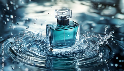 Teal Perfume Bottle In Water Splash