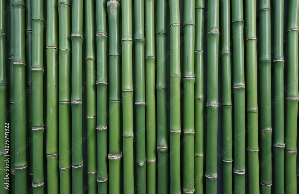 Fototapeta premium Fresh green bamboo wall background in front view. Oriental zen composition of many bamboo sticks. Ecology, environment and healthy lifestyle concept. Asian design element.