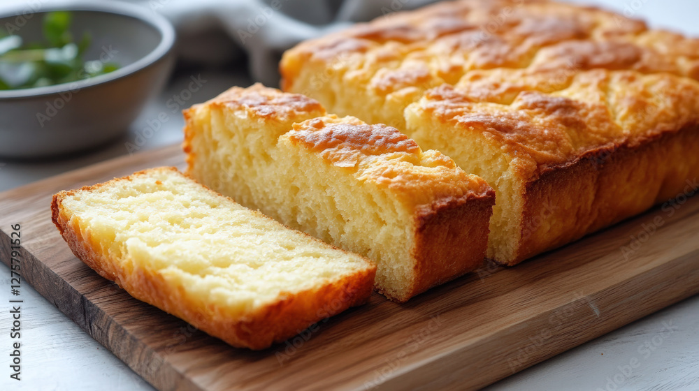 Homemade keto bread with crunchy crust, sliced and served on wooden board. Perfect for low carb diets, this bread is fluffy and delicious Homemade keto bread with crunchy crust, sliced and served on wooden board. Perfect for low carb diets, this bread is fluffy and delicious