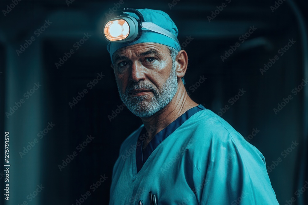 A doctor wearing a headlamp and scrubs . A man in a hospital uniform wearing a headpiece with two lights, ready for medical tasks in a clinical setting. A doctor wearing a headlamp and scrubs . A man in a hospital uniform wearing a headpiece with two lights, ready for medical tasks in a clinical setting.