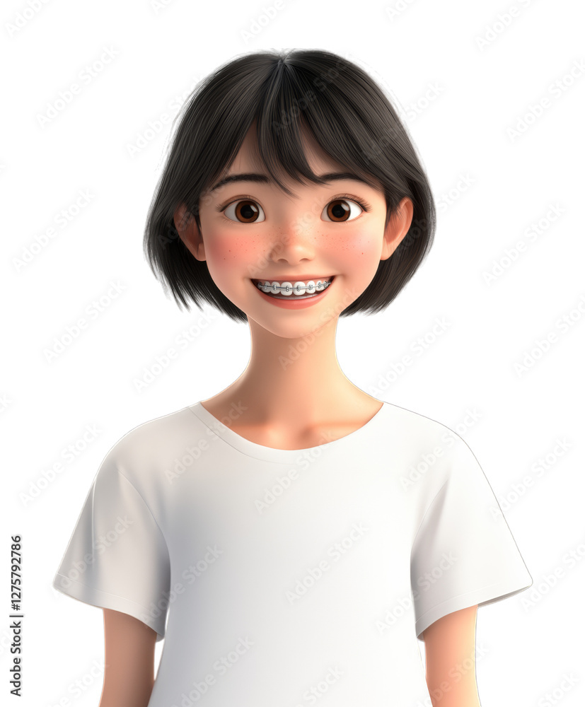 Smiling Asian Girl with Braces on Transparent Background for Digital Designs and Commercial Use Smiling Asian Girl with Braces on Transparent Background for Digital Designs and Commercial Use