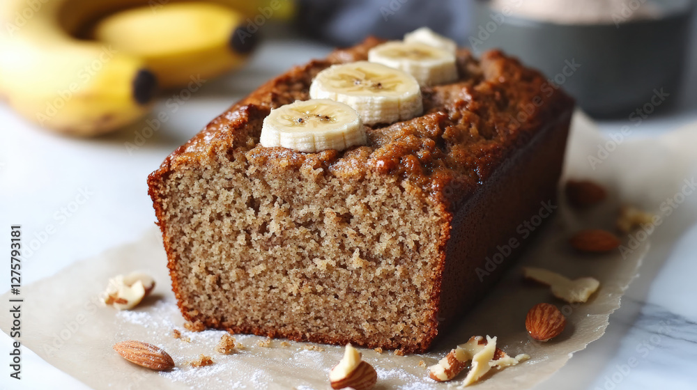 Freshly baked gluten free banana bread topped with banana slices and nuts, perfect for healthy snack or breakfast option. moist texture and rich flavor make it irresistible Freshly baked gluten free banana bread topped with banana slices and nuts, perfect for healthy snack or breakfast option. moist texture and rich flavor make it irresistible