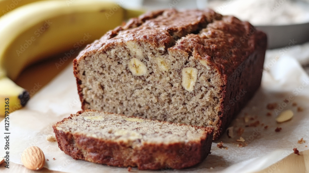 Freshly baked gluten free banana bread, sliced and ready to enjoy. This rustic loaf features moist texture and is perfect for breakfast or snack Freshly baked gluten free banana bread, sliced and ready to enjoy. This rustic loaf features moist texture and is perfect for breakfast or snack