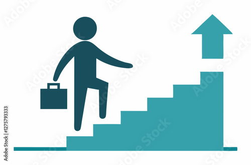 Businessman Climbing Stairs to Success with Upward Arrow Vector Illustration