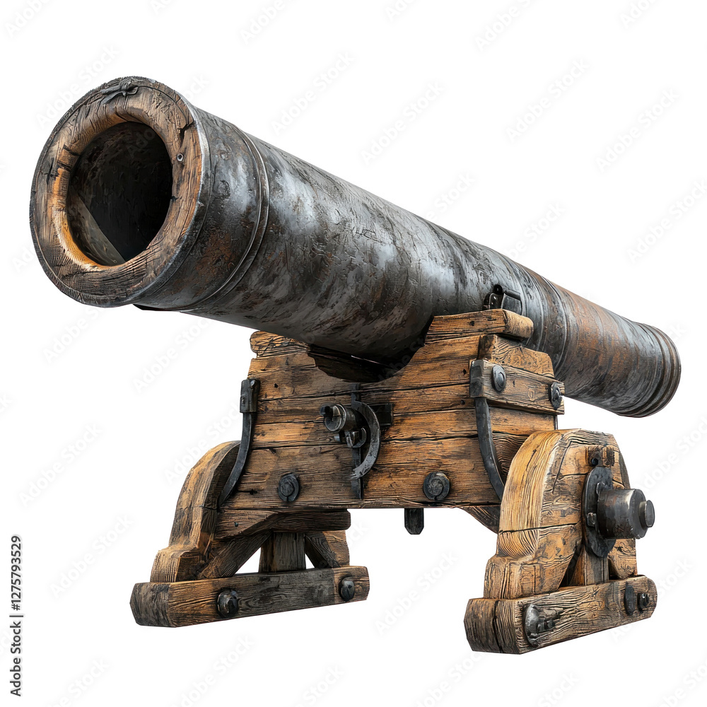Antique cannon on wooden carriage in historical setting isolated on png transparent background, cut out Antique cannon on wooden carriage in historical setting isolated on png transparent background, cut out