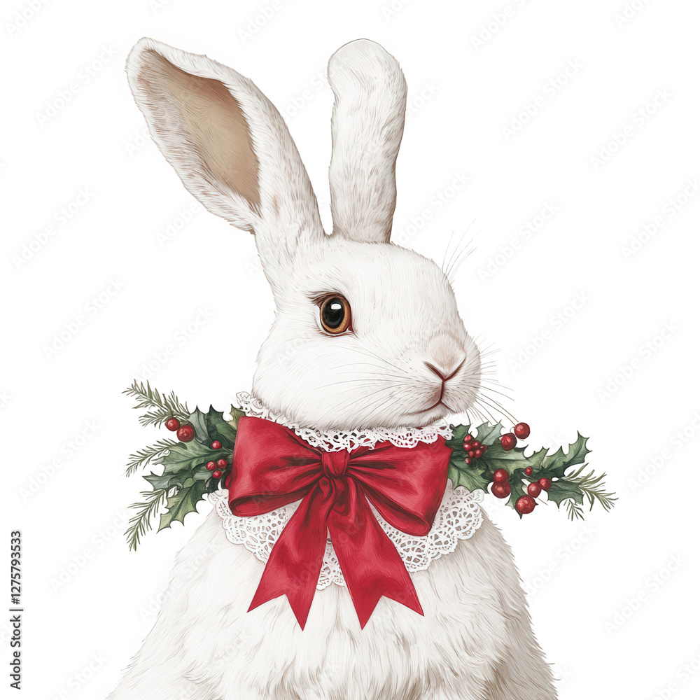 Obraz premium hand-drawn illustration of a white rabbit with fluffy fur, centered with a red bow and festive greenery accent, lace detail on the neck, transparent background, PNG