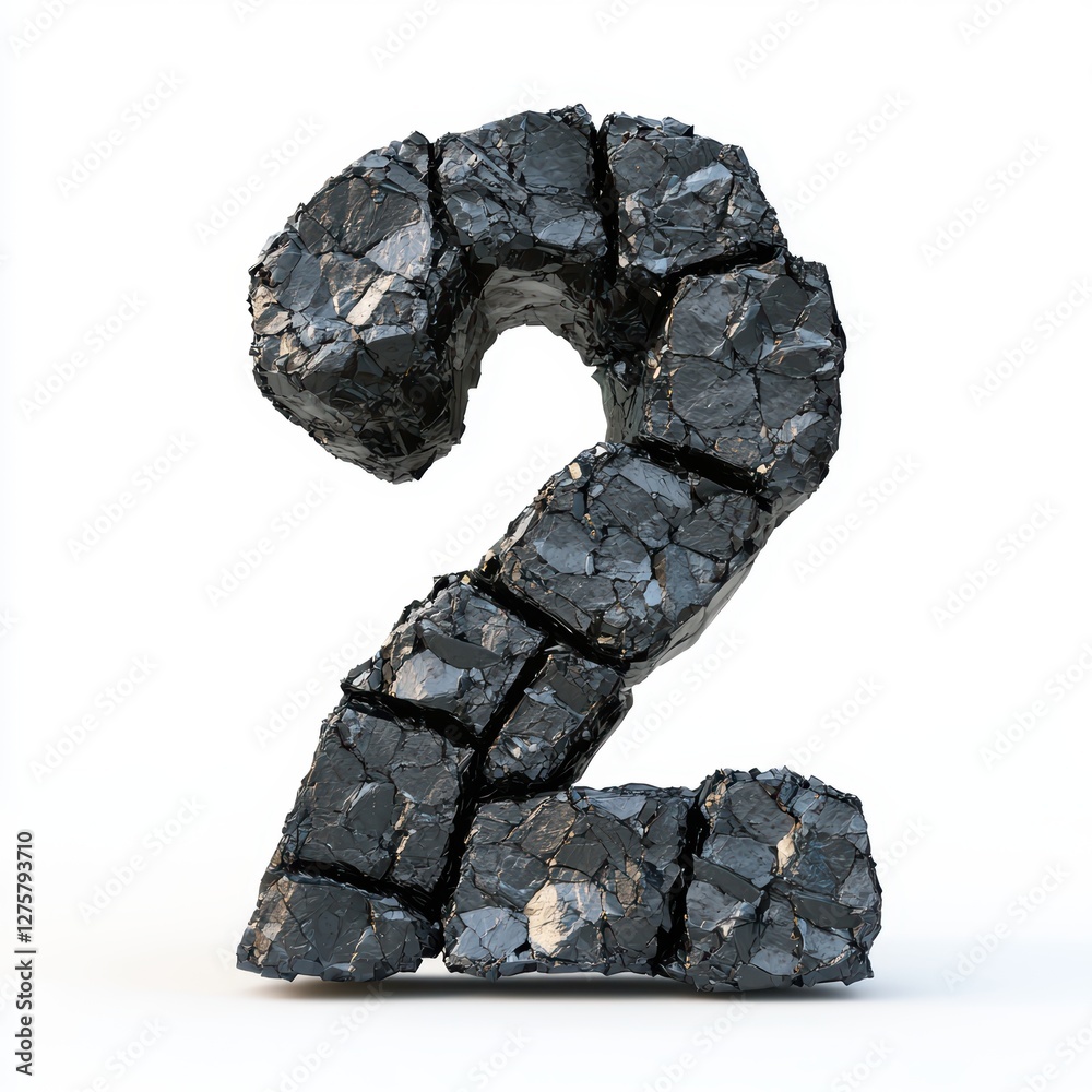 Number 2 made of rough coal chunks with fine black dust isolated on a clean white background Number 2 made of rough coal chunks with fine black dust isolated on a clean white background