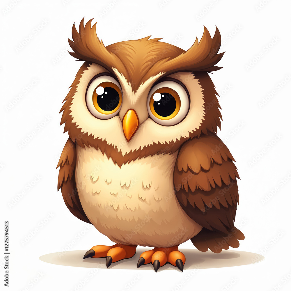 Fototapeta premium Adorable cartoon owl illustration with big captivating eyes and intricate feather details. Cute bird character suitable for children books, education materials, logo design.
