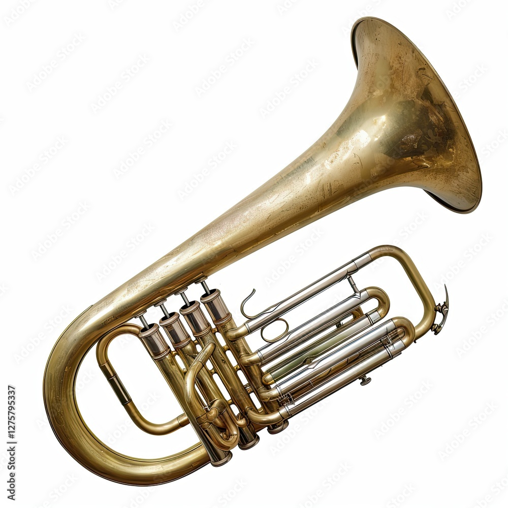 Obraz premium A brass tuba, a musical instrument used in orchestras and bands for deep, rich tones. isolated on white background