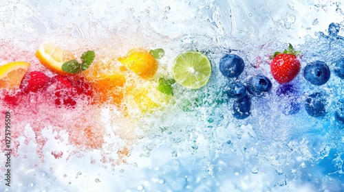Fototapeta Naklejka Na Ścianę i Meble -  Colorful splash of fresh fruits in water, creating a vibrant scene with droplets and waves