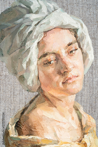 .GIRL with a scarf on her head. Portrait of a woman on a cardboard background. Oil painting on canvas.