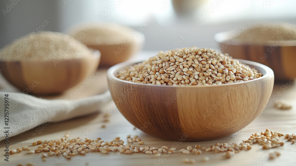 Wooden bowl filled with sesame seeds, surrounded by other bowls of grains. warm tones and natural textures create cozy kitchen atmosphere Wooden bowl filled with sesame seeds, surrounded by other bowls of grains. warm tones and natural textures create cozy kitchen atmosphere